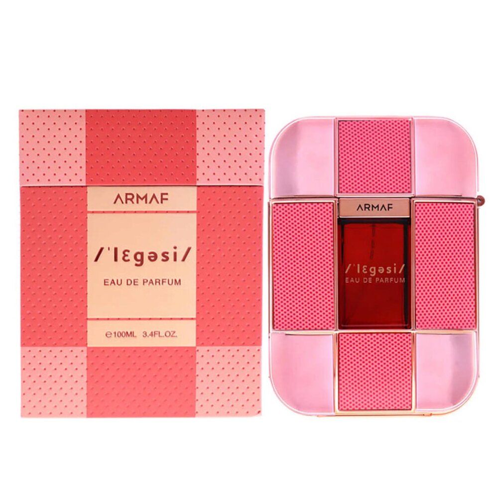 Flacone di profumo e confezione. Elementi rosa e oro. Testo: Armaf, /Legasi/, Eau de Parfum.