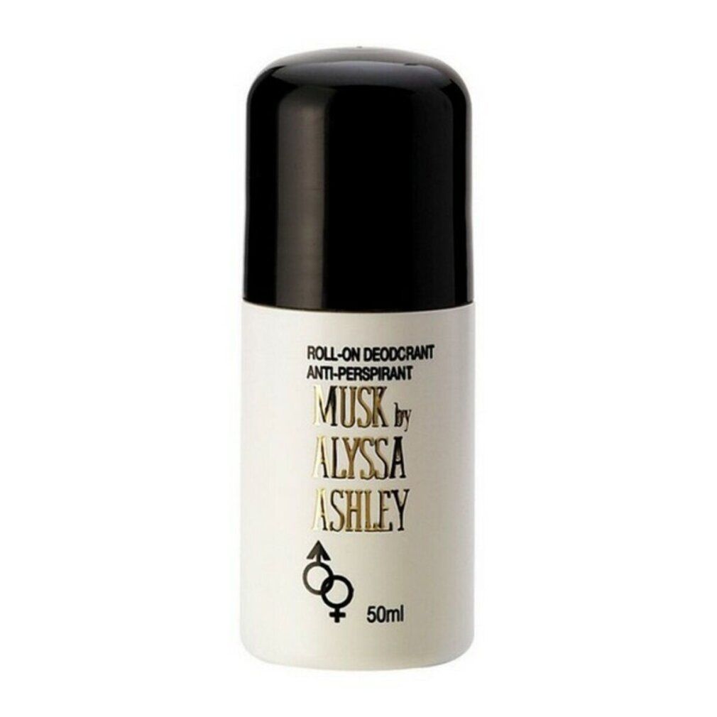 Deodorante roll-on con tappo nero. Scritta: Musk by Alyssa Ashley, 50 ml, anti-traspirante.