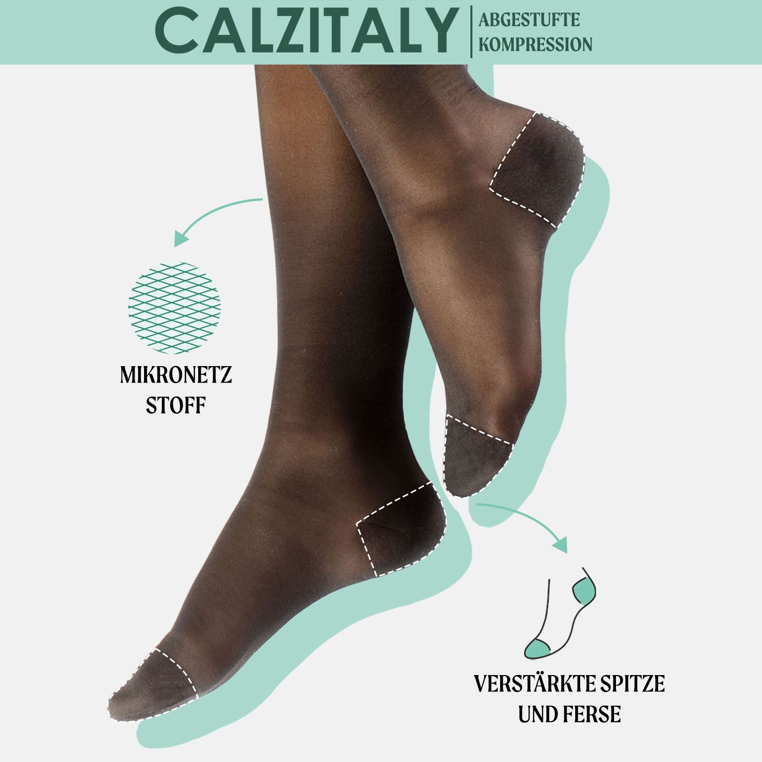 Calze a compressione CALZITALY. Tessuto microrete. Punta e tallone rinforzati.