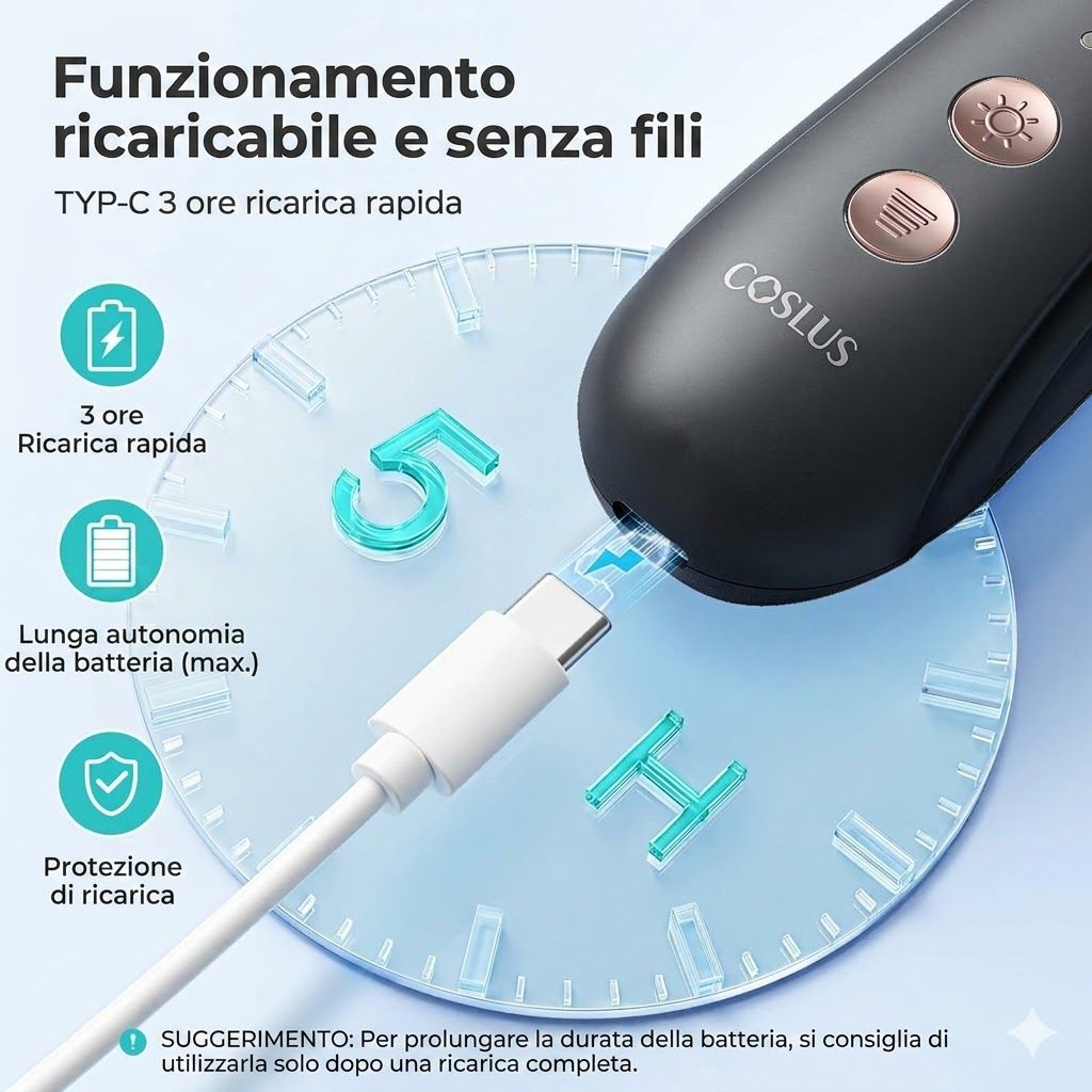 Lima per unghie elettrica. Ricaricabile. Tempo di ricarica rapida Type-C: 3 ore. Lunga durata della batteria. Protezione di ricarica. Logo COSLUS.