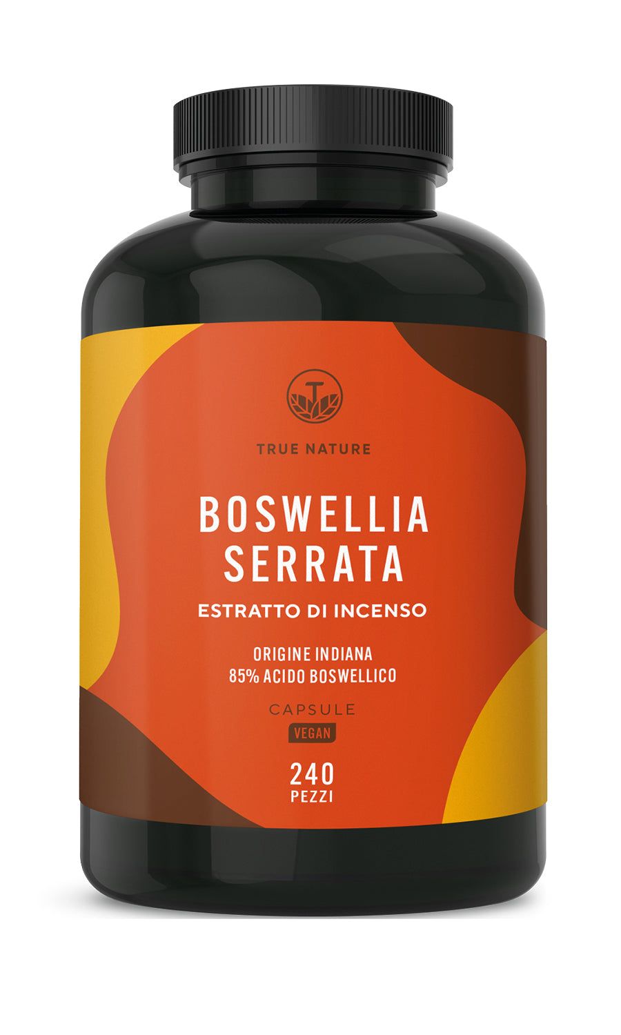 Flacone marrone con capsule. Scritta: BOSWELLIA SERRATA, 240 PEZZI, vegano.