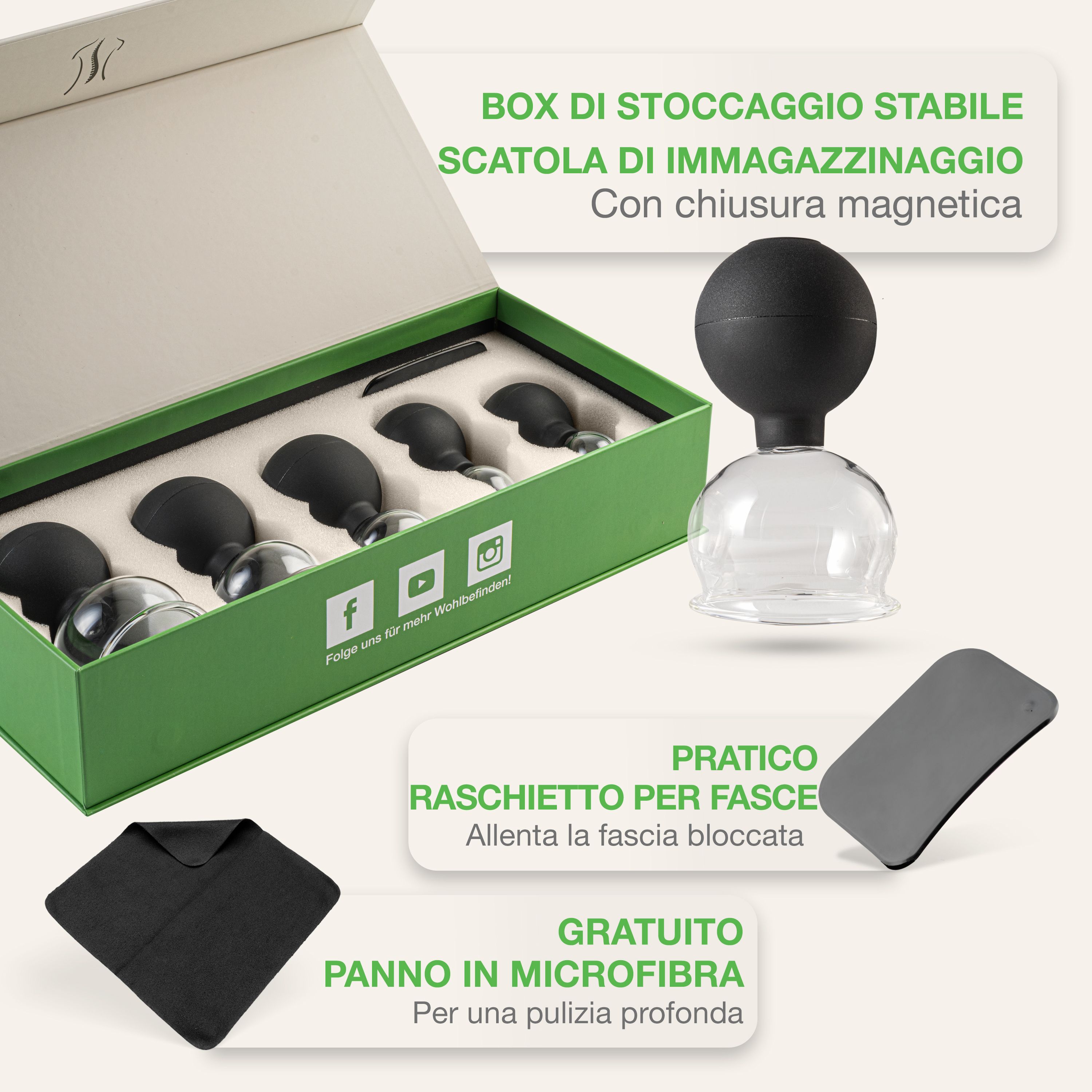 BACKLAxx® Set di Coppette per Coppettazione, 5 Campane con Palla di Suzione