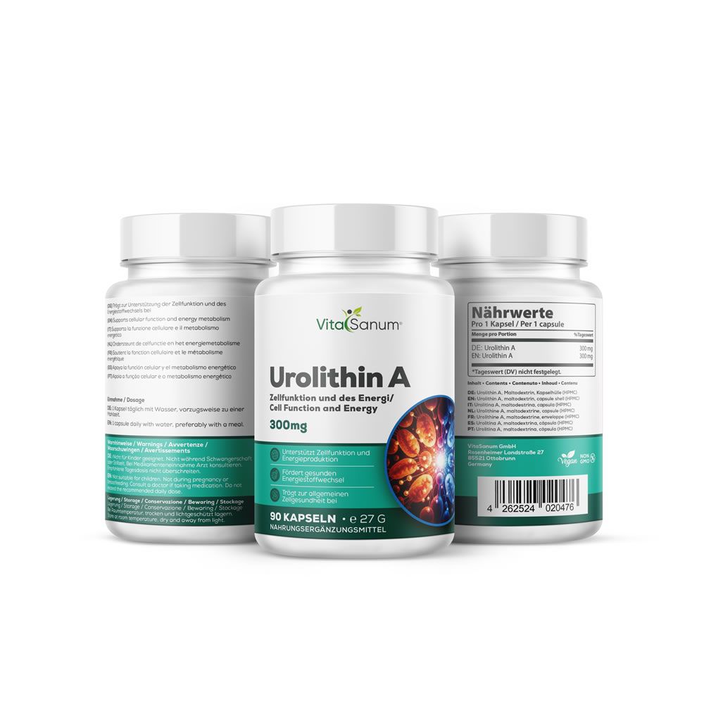 Tre flaconi bianchi VitaSanum Urolithin A. Scritta: 300mg, 90 capsule, integratore alimentare. Etichetta con informazioni e illustrazioni.