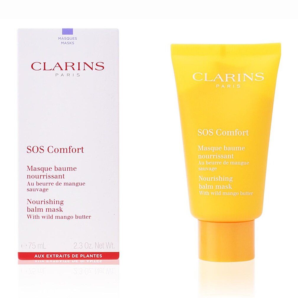 Tubo giallo e confezione. Scritta: Clarins Paris, SOS Comfort, Masque baume nourrissant, Nourishing balm mask.