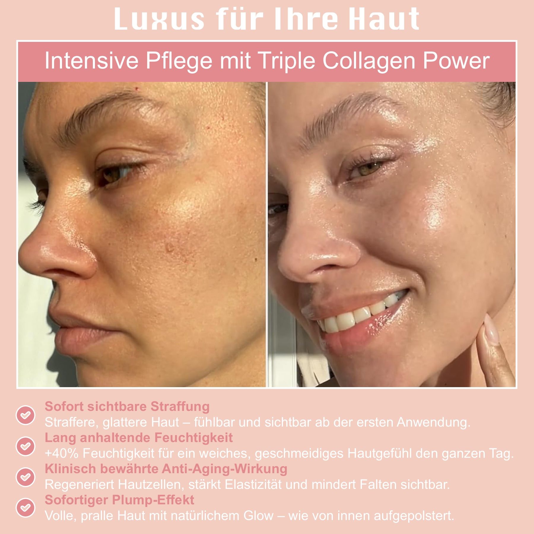 Immagine prima-dopo. Testo: Lusso per la tua pelle. Rassodamento visibile istantaneamente. +40% di idratazione. Effetto anti-età clinicamente provato.