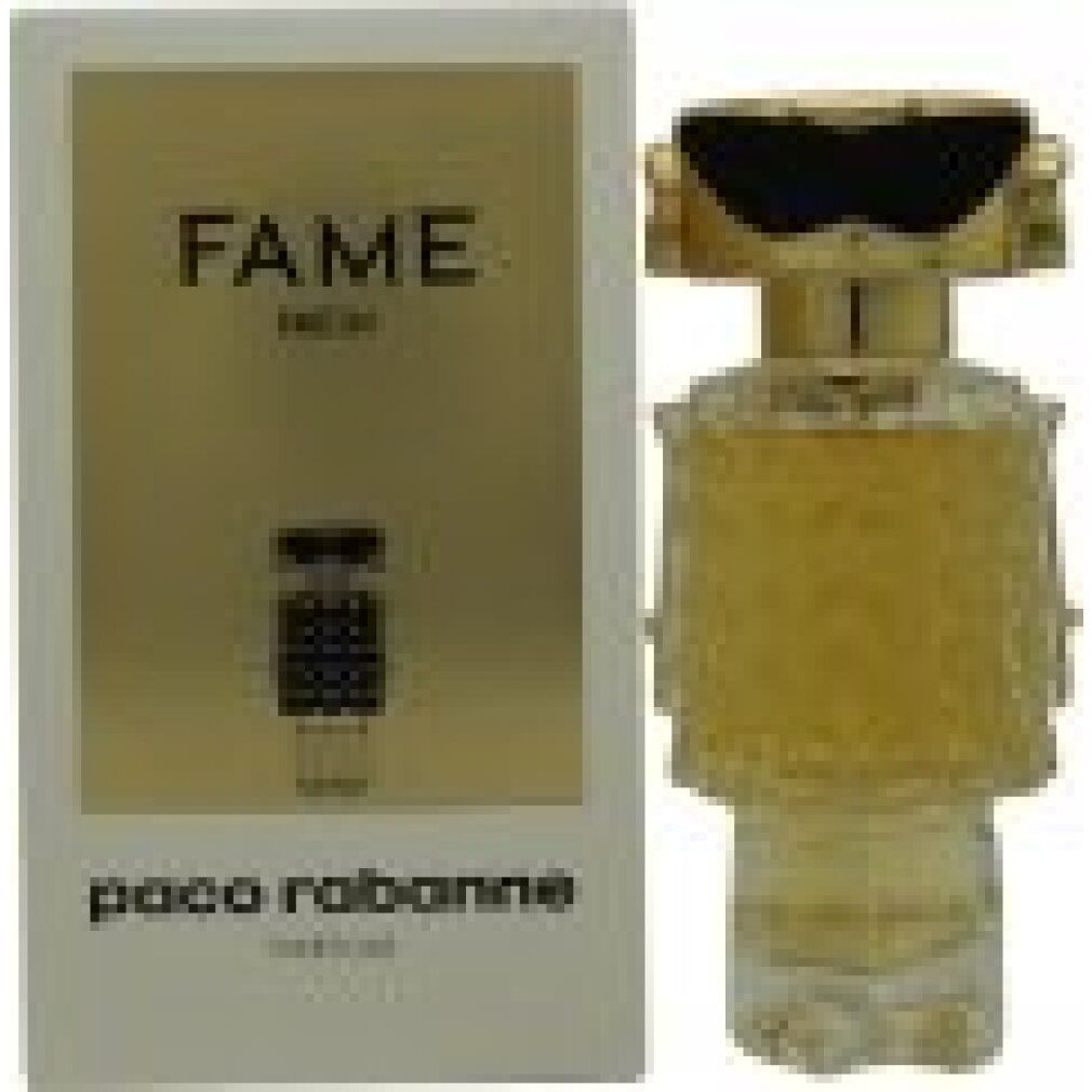 Flacone di profumo e confezione. Flacone a forma di robot, dorato. Confezione con scritta "FAME".