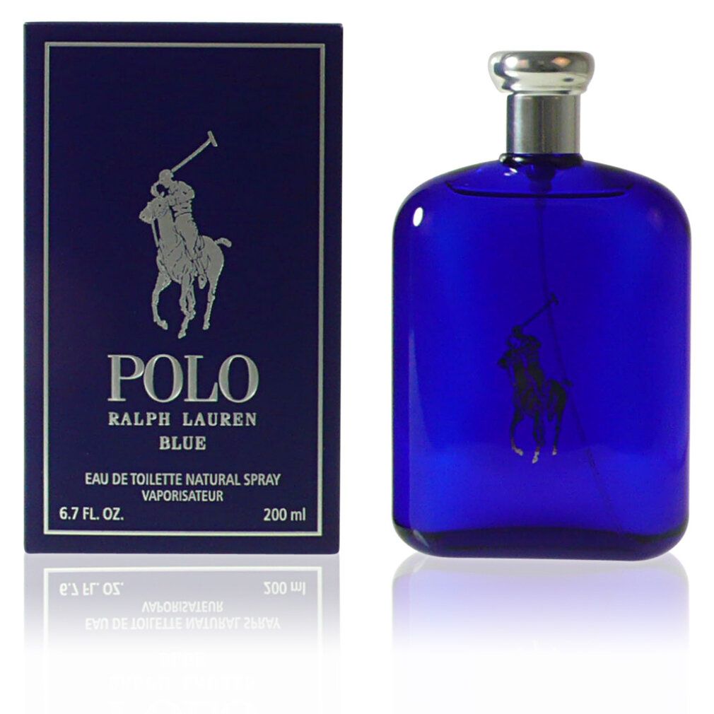 Flacone di profumo blu con tappo argentato e confezione rettangolare. Scritta: POLO RALPH LAUREN BLUE.