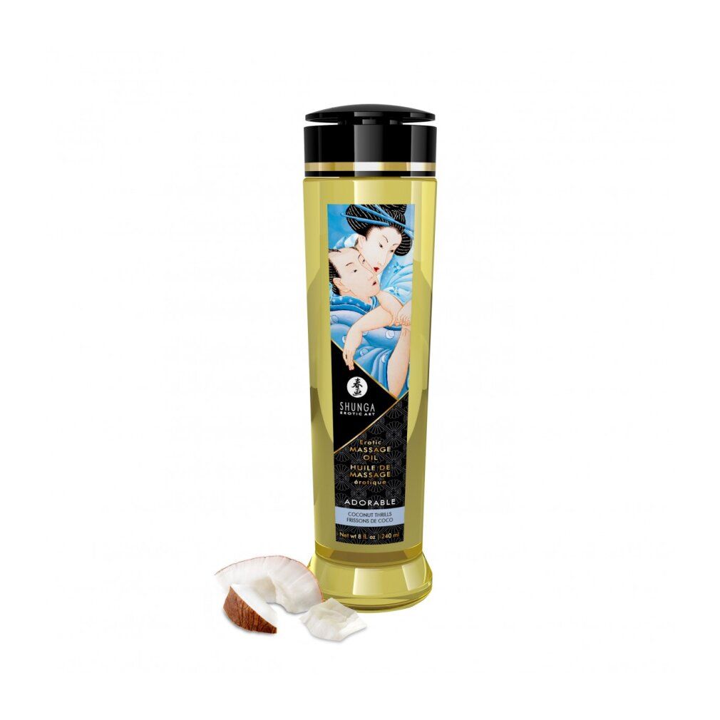 Flacone cilindrico con tappo nero. Etichetta con illustrazione e testo: Shunga, Erotic Massage Oil, Adorable. Cocco accanto.