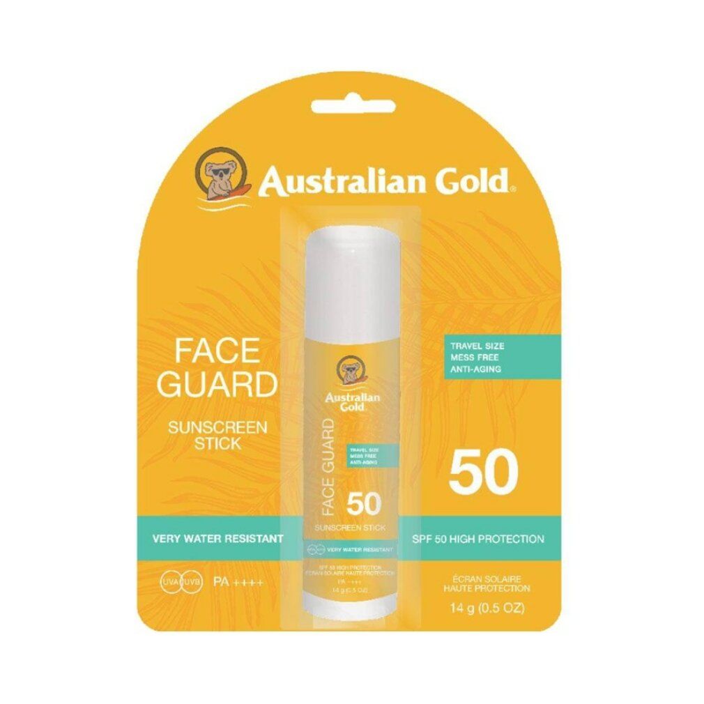 Stick solare per il viso Australian Gold in confezione. Confezione gialla e bianca, SPF 50. Scritto Face Guard e Sunscreen Stick.