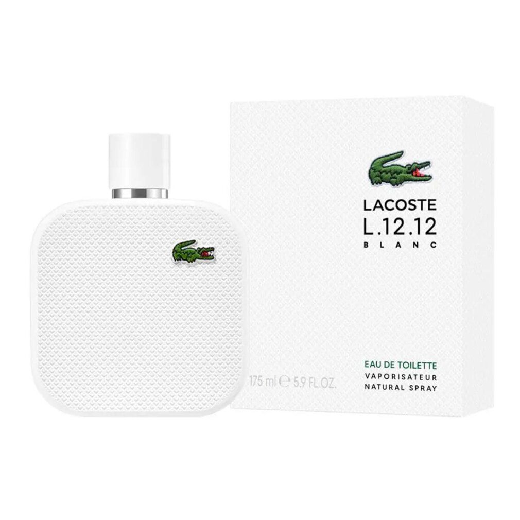 Flacone e confezione bianchi. Flacone con logo coccodrillo verde. Confezione con logo e testo: L.12.12 Blanc.