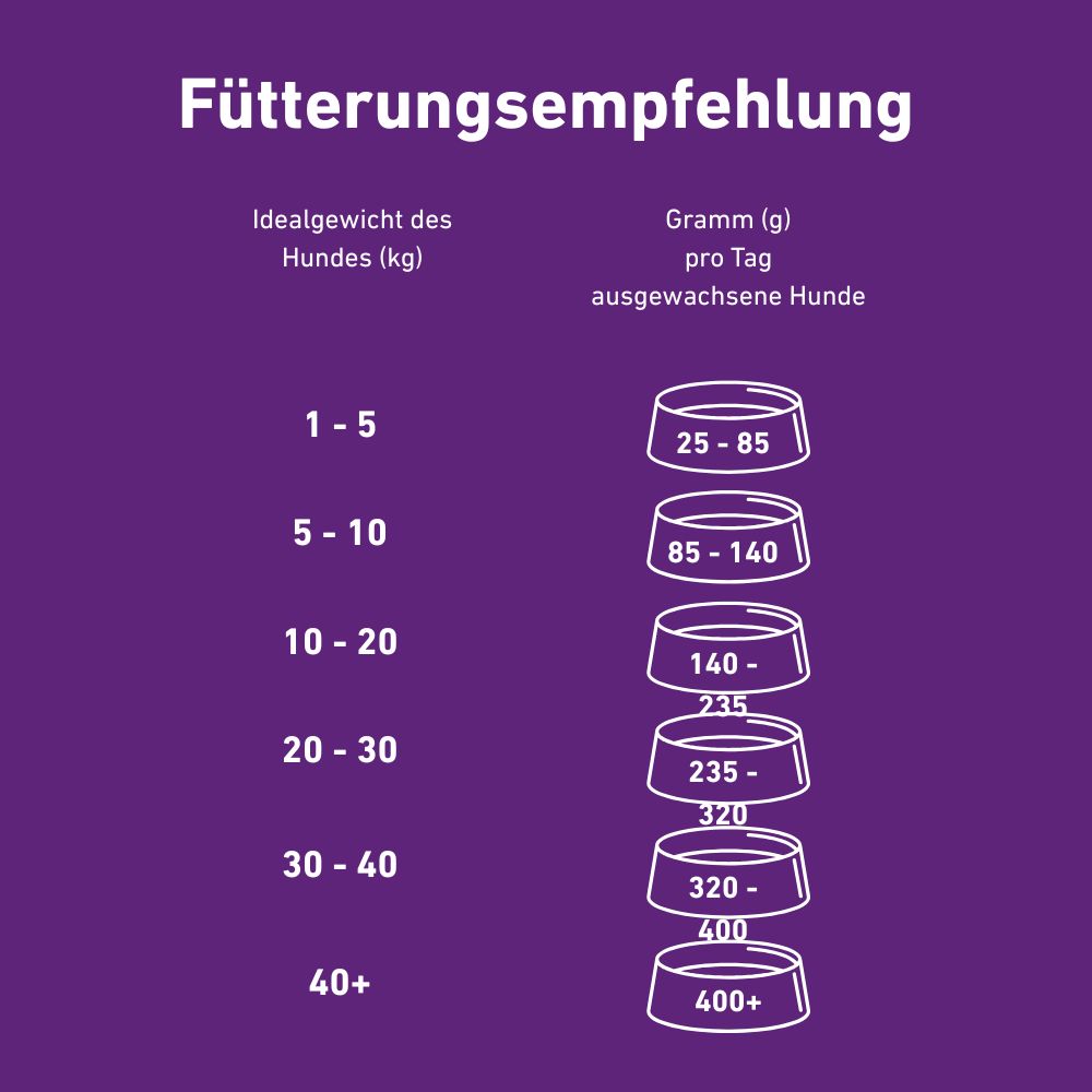 Raccomandazioni per l'alimentazione dei cani. Peso in kg e quantità di cibo corrispondente in grammi al giorno per cani adulti.