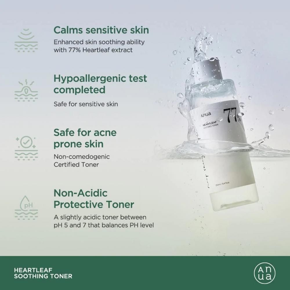 Flacone con tappo bianco circondato dall'acqua. Testo: Heartleaf Soothing Toner. Blocchi di testo aggiuntivi.
