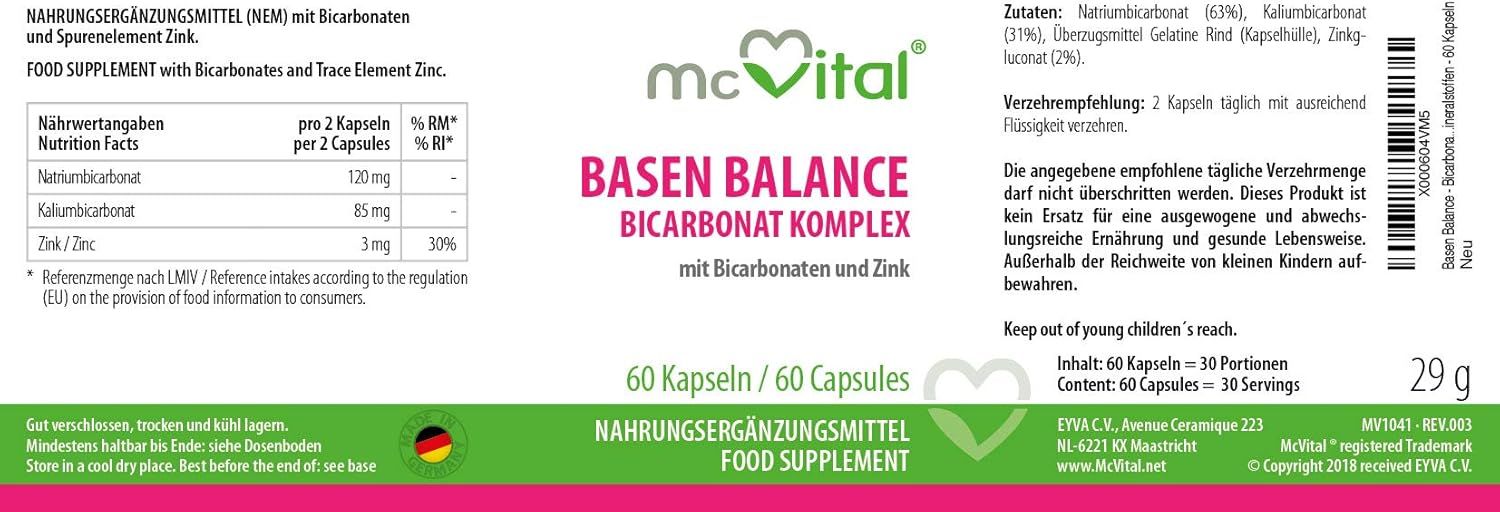 Etichetta delle capsule McVital Basen Balance. Contiene informazioni sugli ingredienti e il valore nutrizionale.