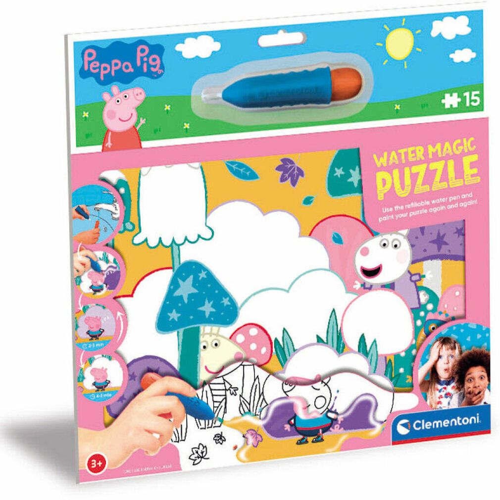 Confezione puzzle Peppa Pig Wasser Magie. Include 15 pezzi e penna. Illustrazioni e logo Clementoni visibili.