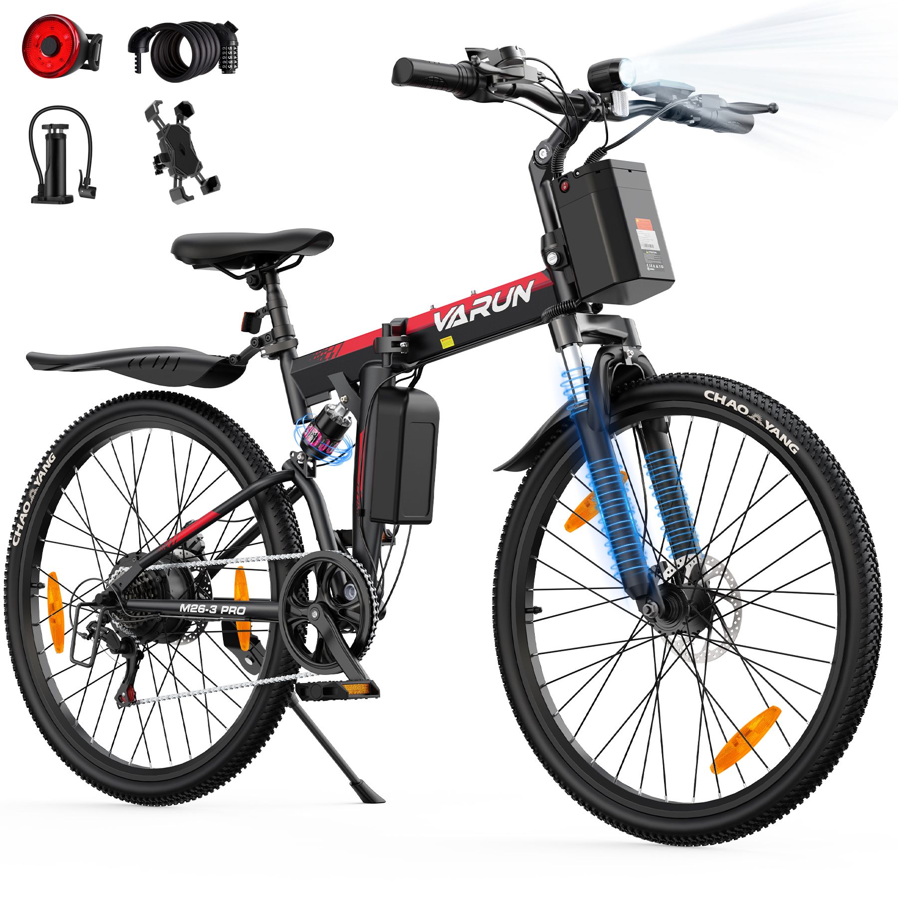 E-bike con fasci di luce e accessori. Bici nera con dettagli rossi. Logo VARUN visibile. Sospensioni complete.