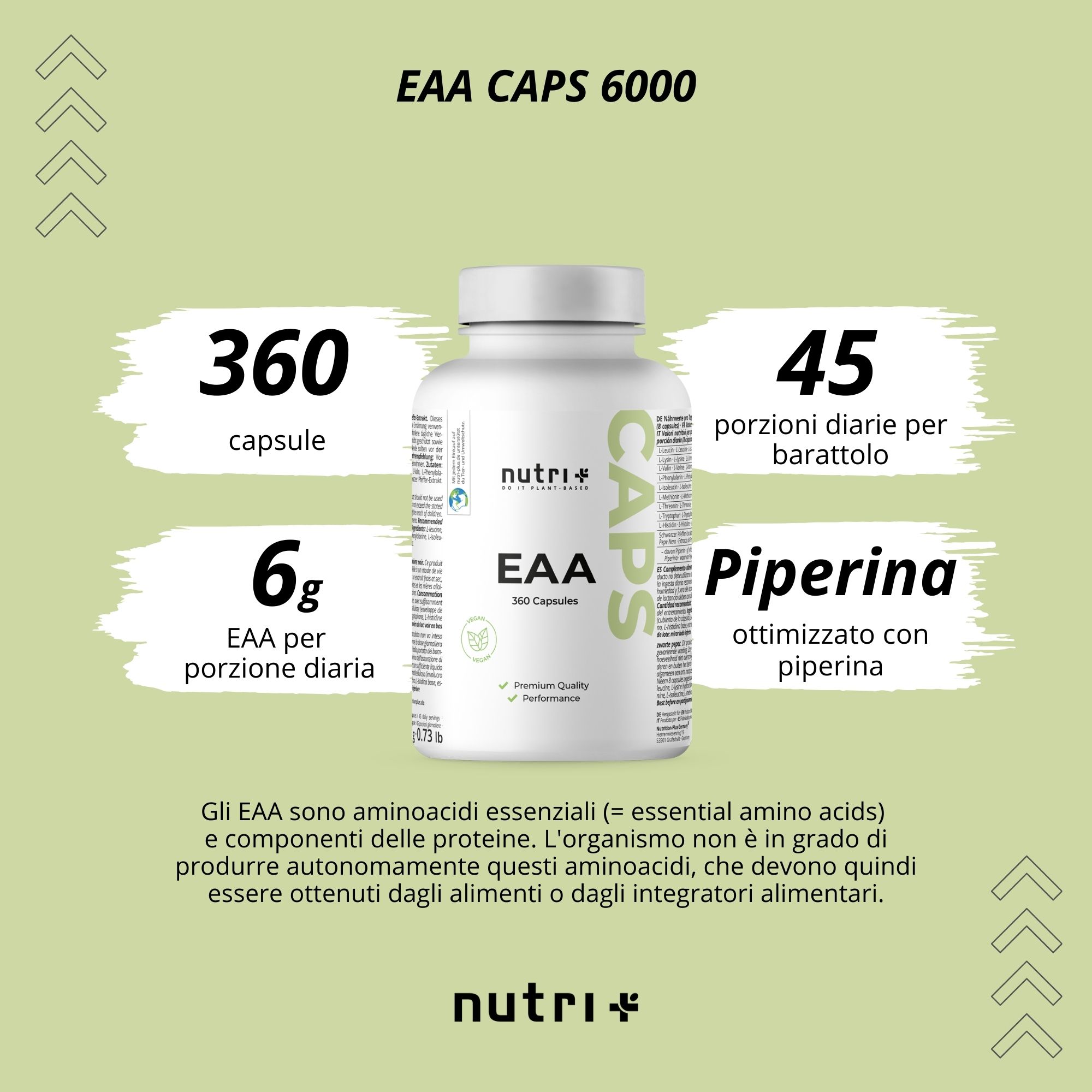 Grafica con flacone e informazioni. Testo: EAA CAPS 6000, 360 capsule, 45 porzioni, 6g EAA per porzione, Piperina.