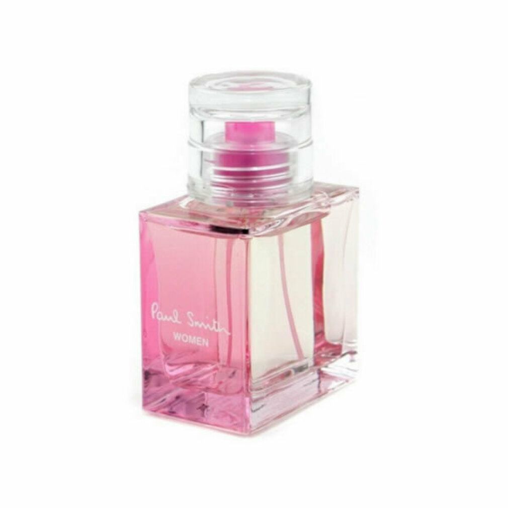 Flacone quadrato rosa con tappo trasparente. Scritta "Paul Smith WOMEN".