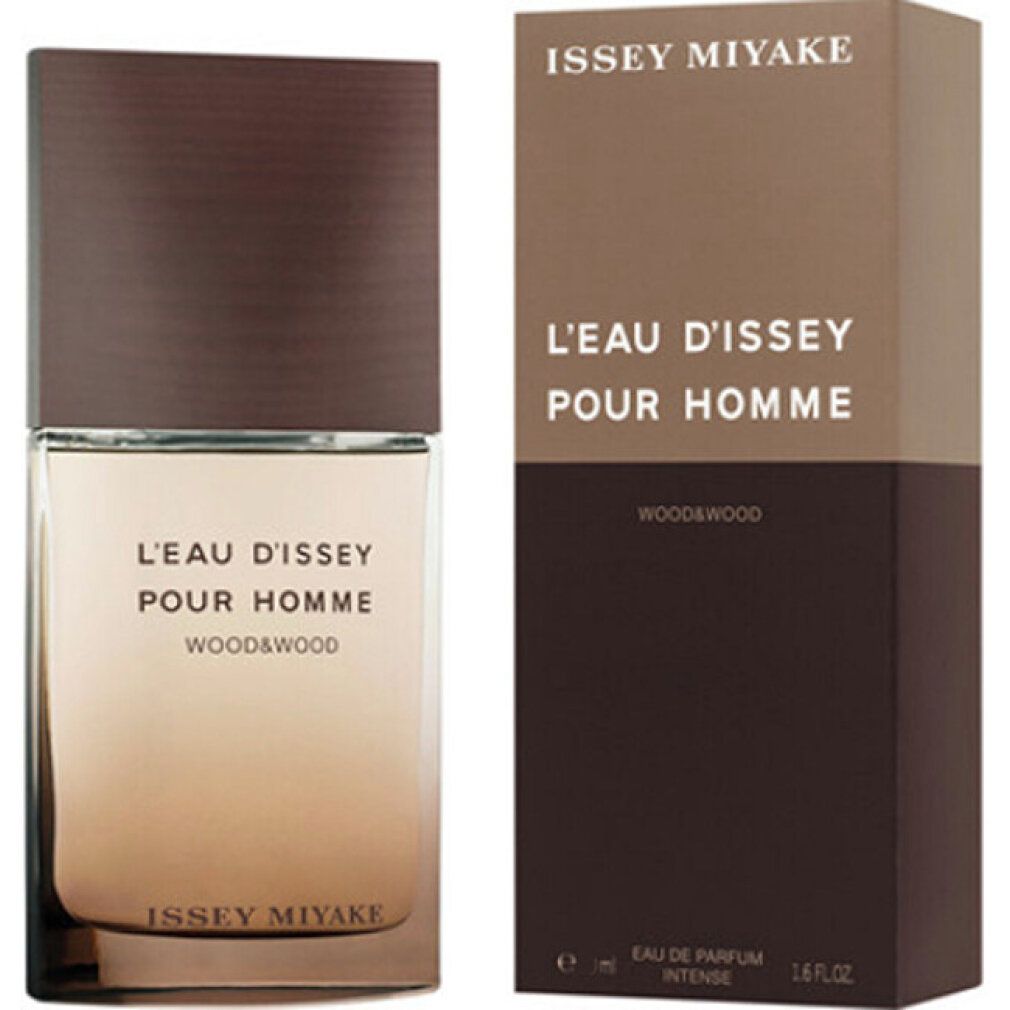Flacone e confezione Issey Miyake L'Eau d'Issey Pour Homme Wood & Wood. Tappo marrone, testo.