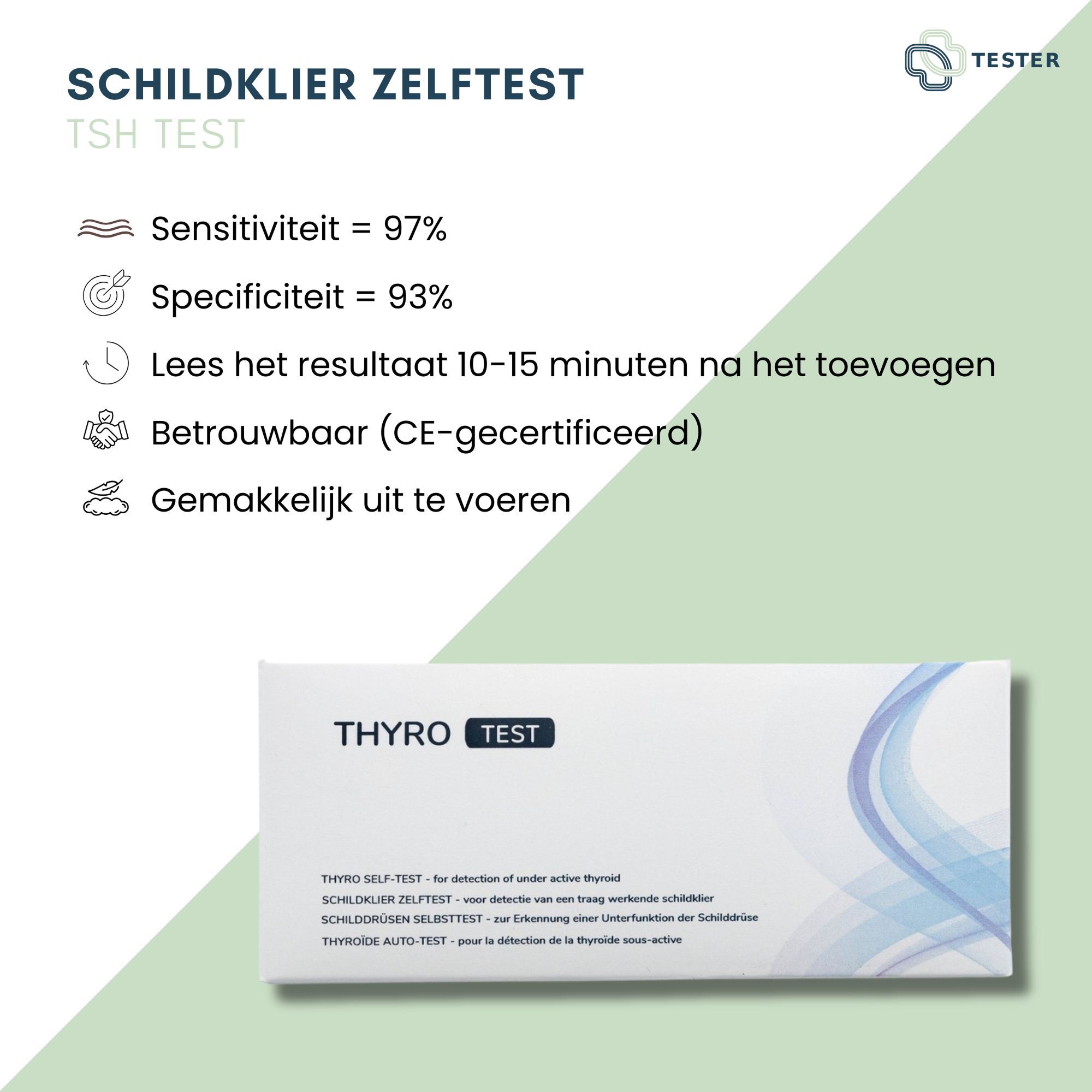 Infografica "Schilddrüse Selbsttest". Sensibilità 97%, specificità 93%. Risultato in 10-15 min. Affidabile (certificato CE). Facile. Confezione prodotto.