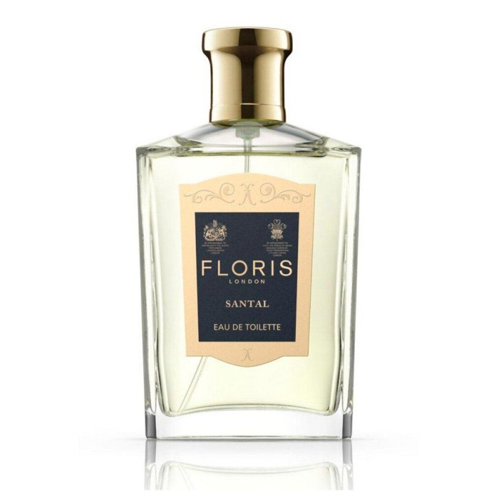 Spray Floris Santal Eau de Toilette. Flacone rettangolare con tappo dorato. Scritta: FLORIS LONDON, SANTAL, Eau de Toilette.