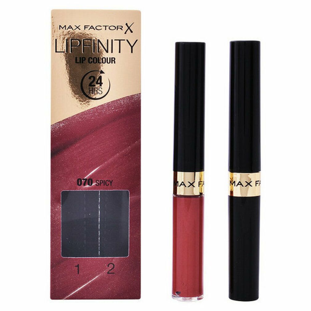 Confezione Max Factor Lipfinity Lip Colour e due prodotti per labbra. Tonalità 070 Spicy. Design oro e rosso con nome del prodotto.