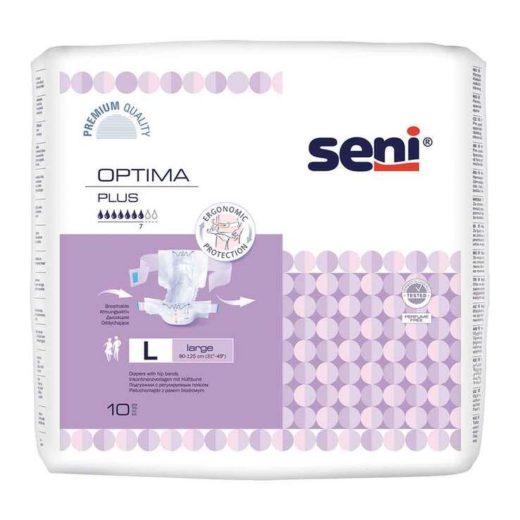 Confezione Seni Optima Plus L. Imballaggio bianco-viola con nome prodotto, taglia L e quantità 10. Logo Seni e marchi di qualità.