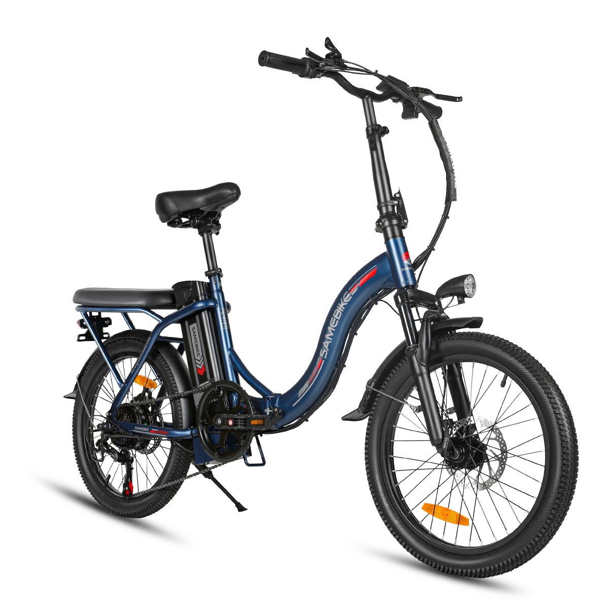 Bicicletta elettrica pieghevole blu. Pneumatici, sella e manubrio neri. Marchio SAMEBIKE visibile.