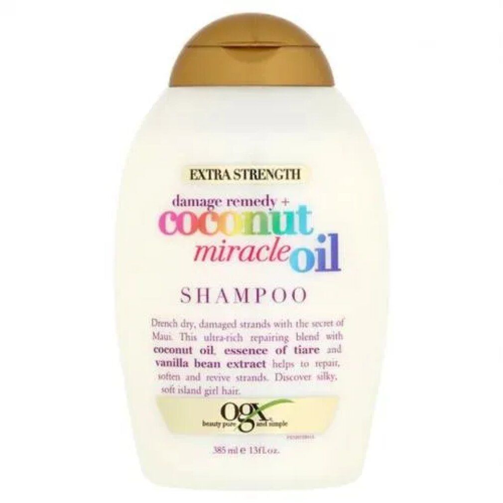 Flacone di shampoo bianco con tappo dorato. Scritta: "Coconut Miracle Oil Shampoo". Marca: Ogx. Volume: 385 ml.