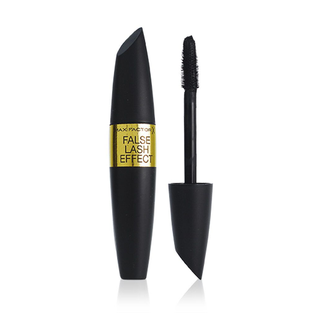 Tubo di mascara nero con etichetta dorata e scritta. Spazzola accanto. Nome prodotto: FALSE LASH EFFECT.
