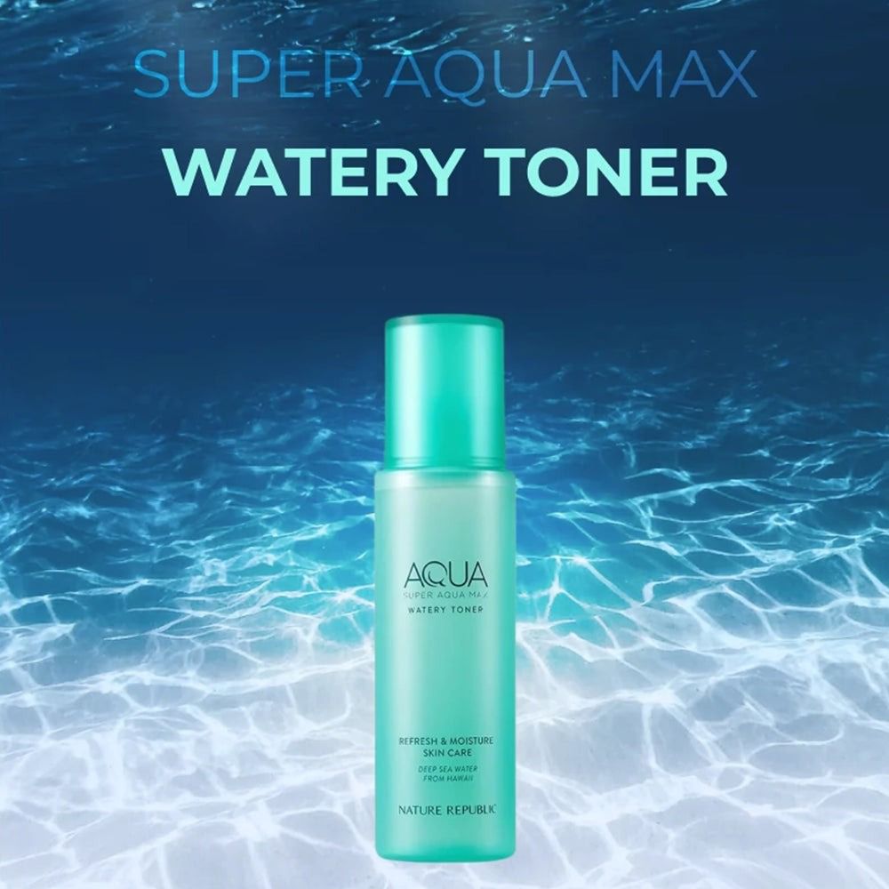 Flacone Aqua Watery Toner, tappo turchese. Scritte: Super Aqua Max, Refresh & Moisture Skin Care, Nature Republic.