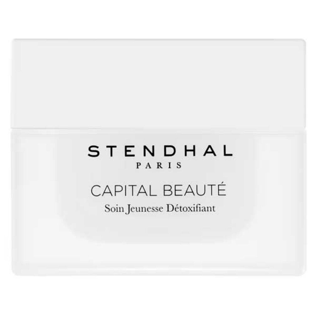 Vasetto bianco con coperchio. Scritta: STENDHAL PARIS, CAPITAL BEAUTÉ, Soin Jeunesse Détoxifiant.