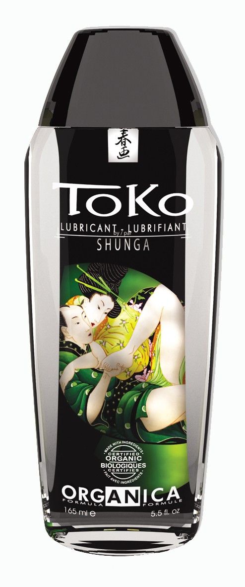 Lubrificante Toko Organica Shunga in flacone trasparente con tappo nero. Etichetta con motivo asiatico e informazioni sul prodotto.