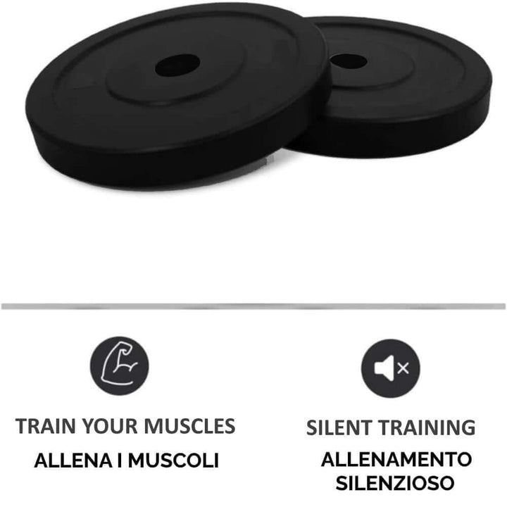 Due dischi pesi neri. Testo: Allena i tuoi muscoli, allenamento silenzioso. Per il fitness.