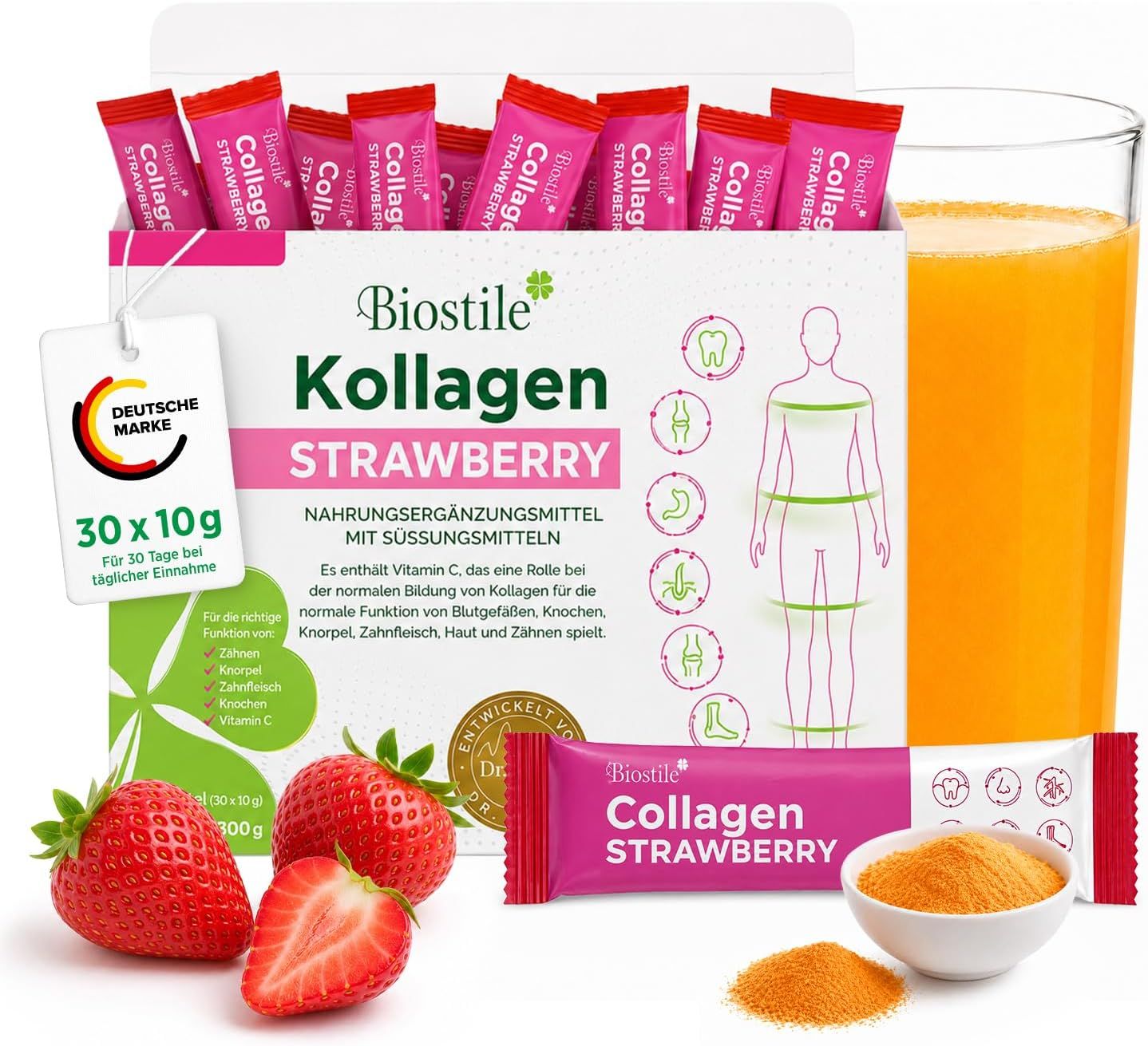 Scatola Biostile Collagen Strawberry, bustina, fragole, succo e polvere.