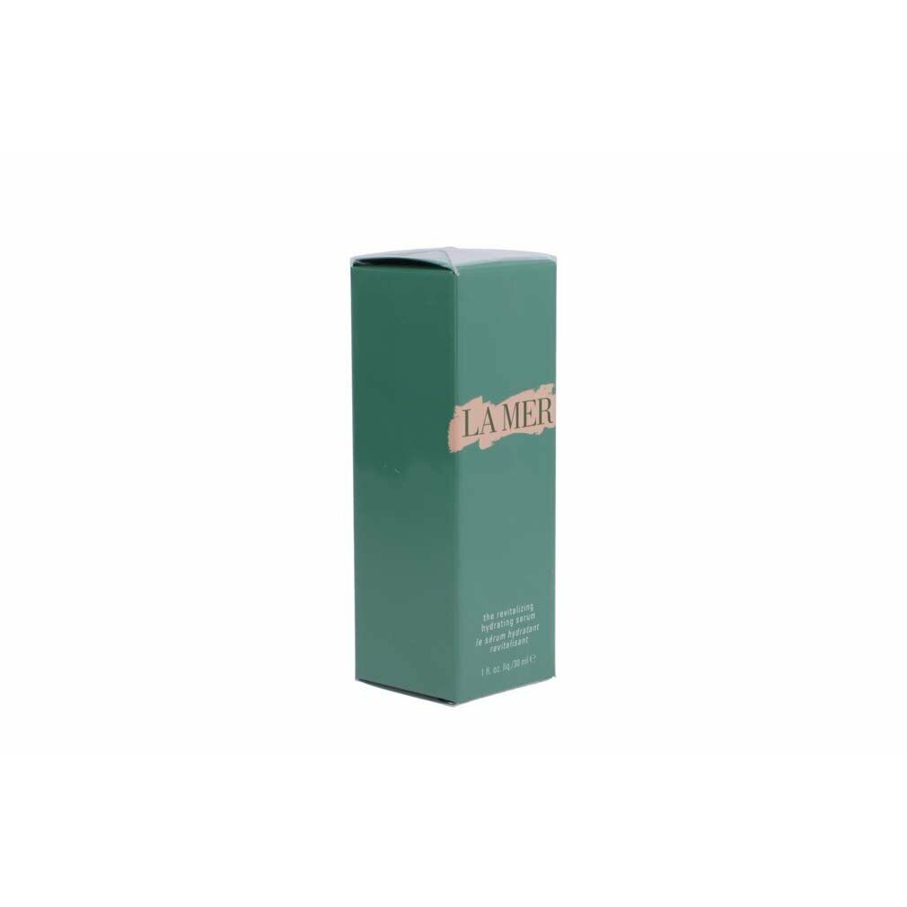 Scatola verde con scritta LA MER. Testo: the revitalizing hydrating serum.