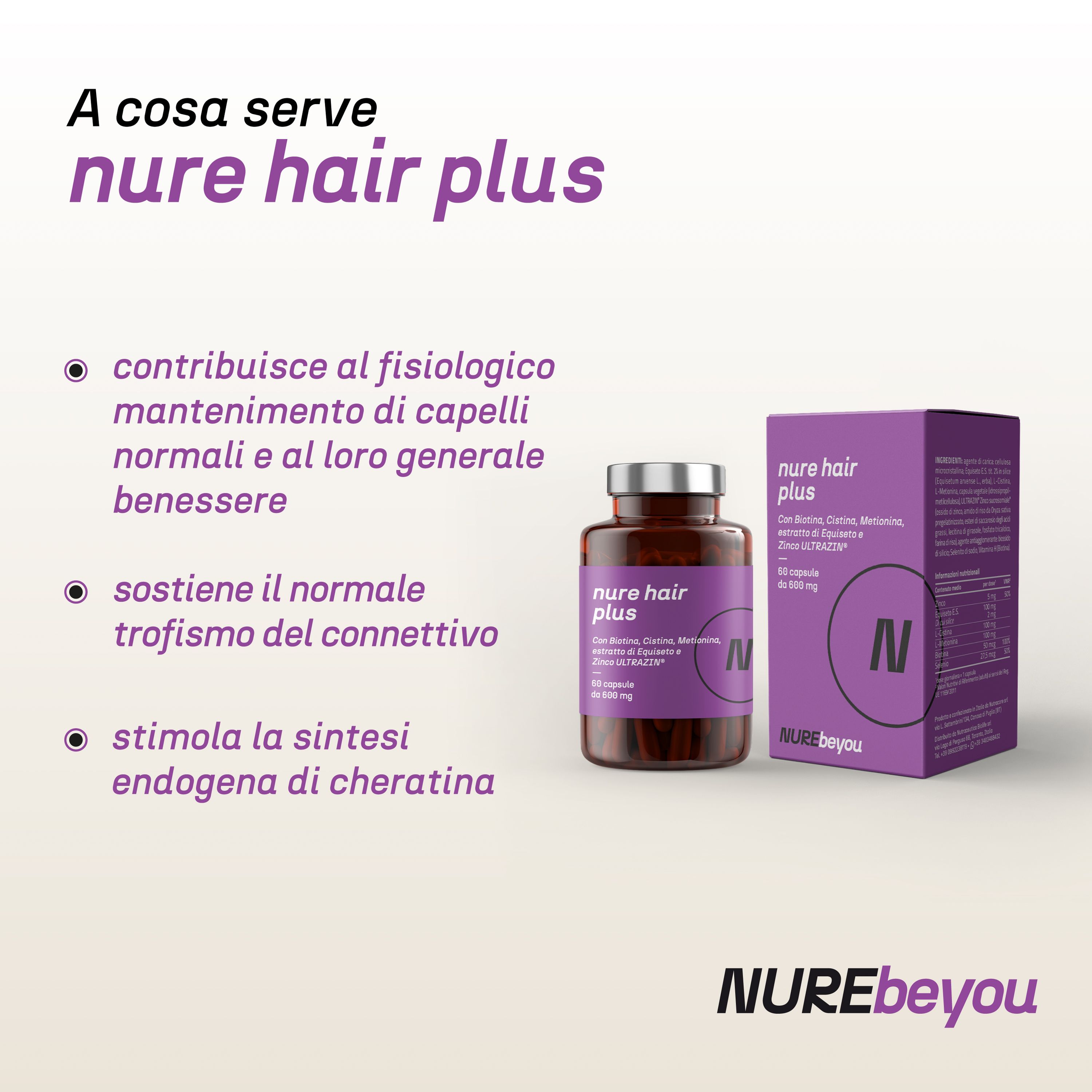 NURE Hair Plus 60 cps da 600 mg | Integratore capelli forti e sani, integratore capelli donna, uomo
