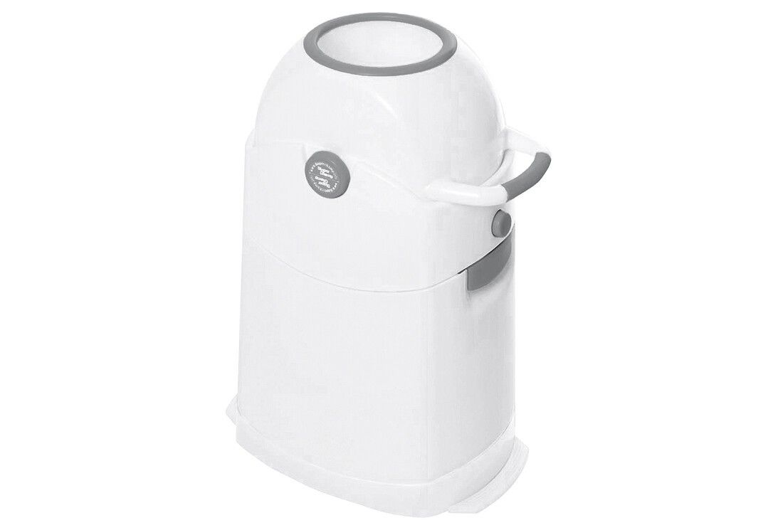 Pattumiera bianca con coperchio e maniglia. Accenti grigi. Logo Diaper Champ.