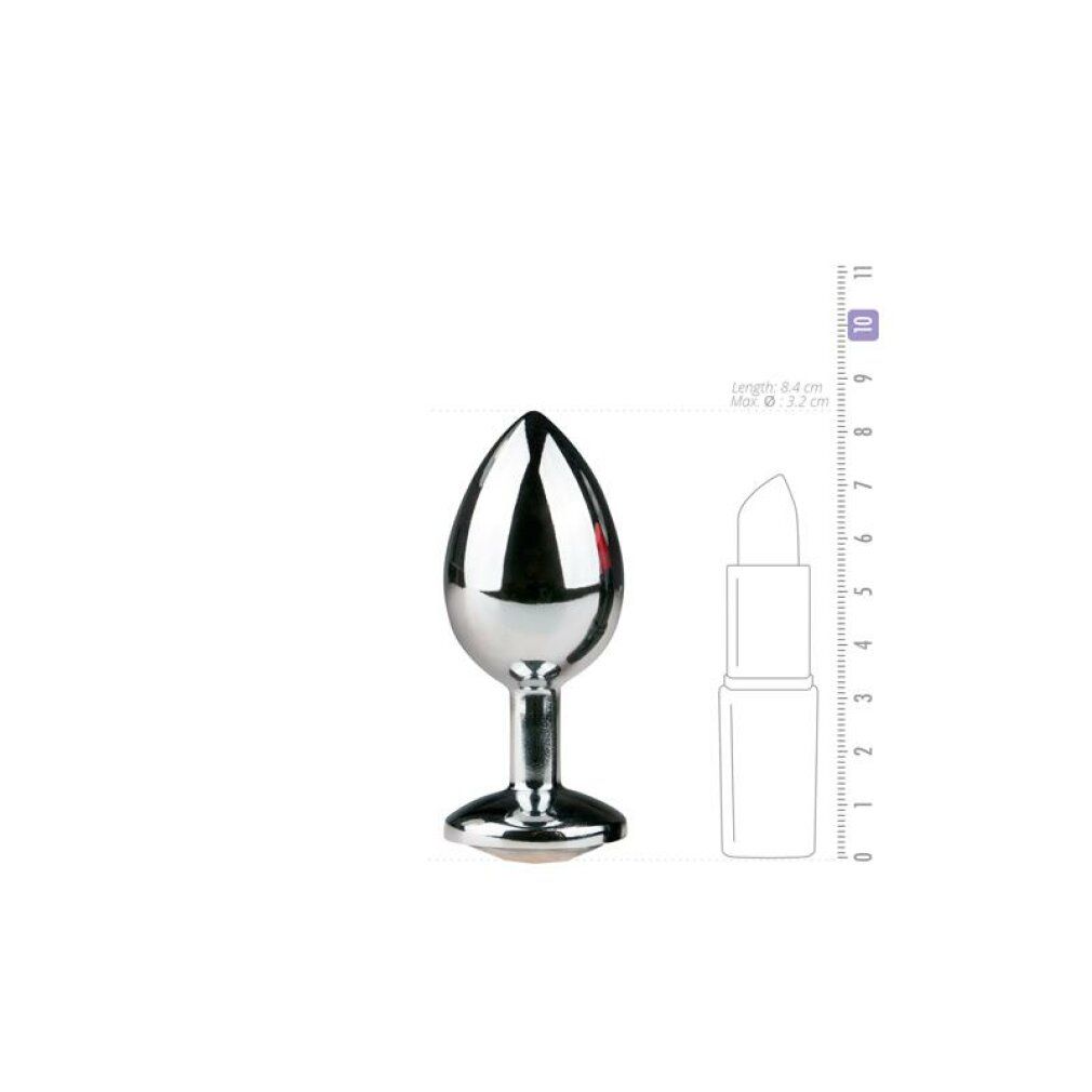 Plug anale argentato in metallo, lunghezza 8,4 cm, diametro 3,7 cm.