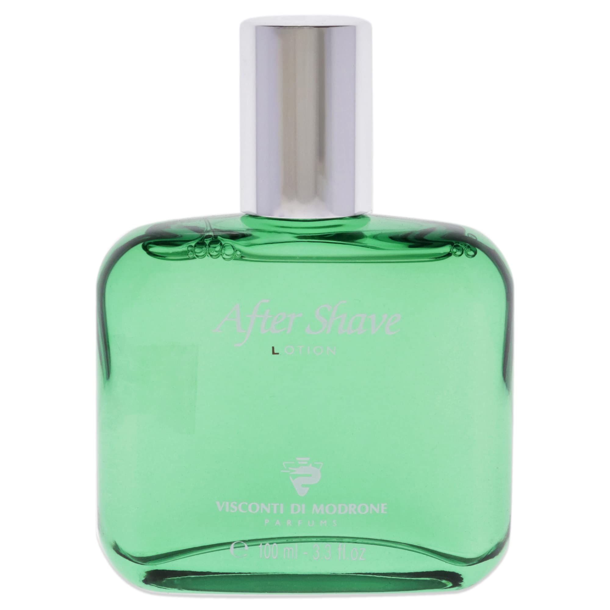 Flacone in vetro verde con tappo argentato. Scritta After Shave Lotion e Visconti di Modrone.