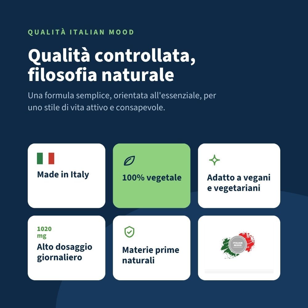 Qualità controllata, filosofia naturale: Made in Italy, 100% vegetale, adatto a vegani e vegetariani, alto dosaggio giornaliero.