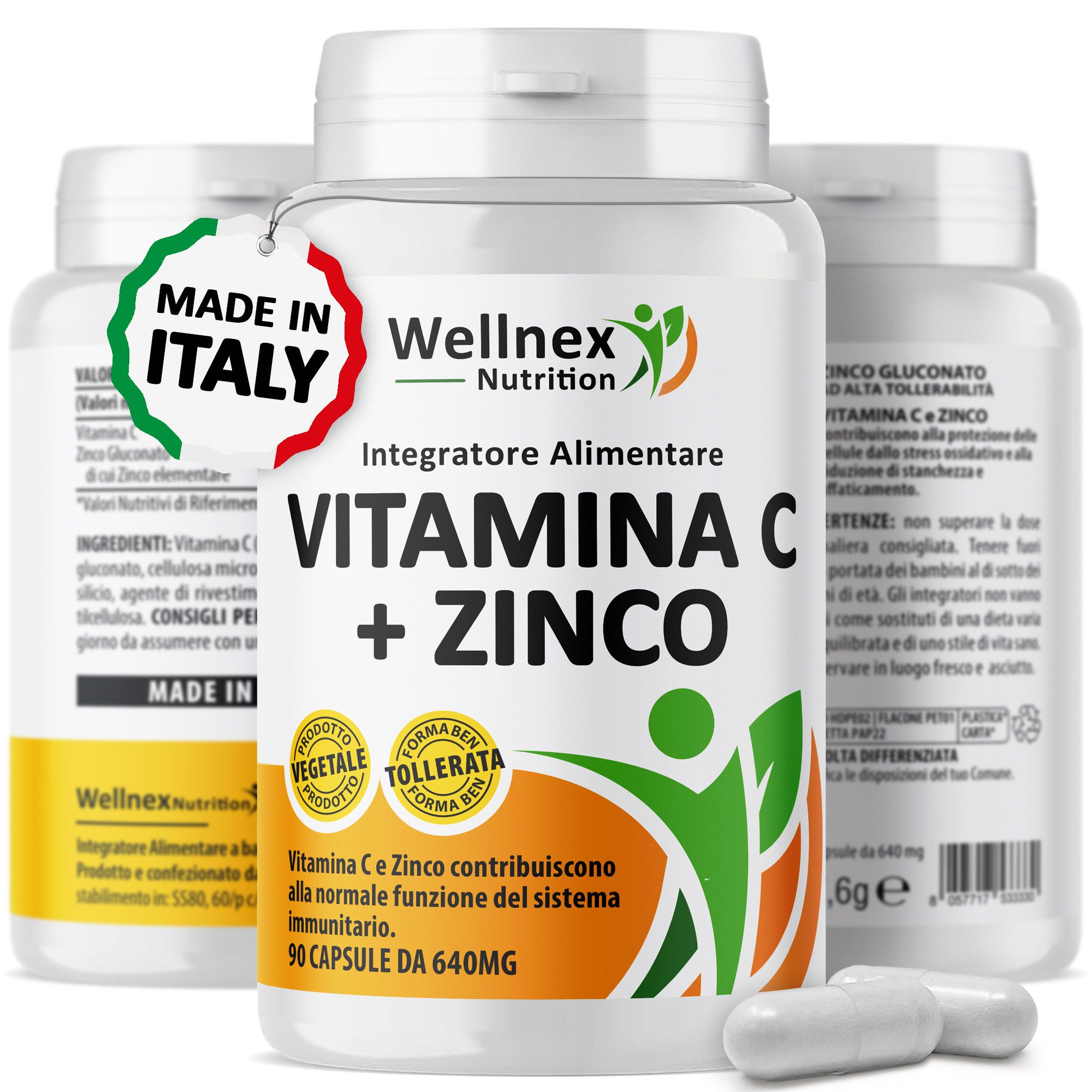Wellnex Nutrition Vitamina C + Zinco - Supporto Sistema Immunitario - 90 Capsule Vegetali