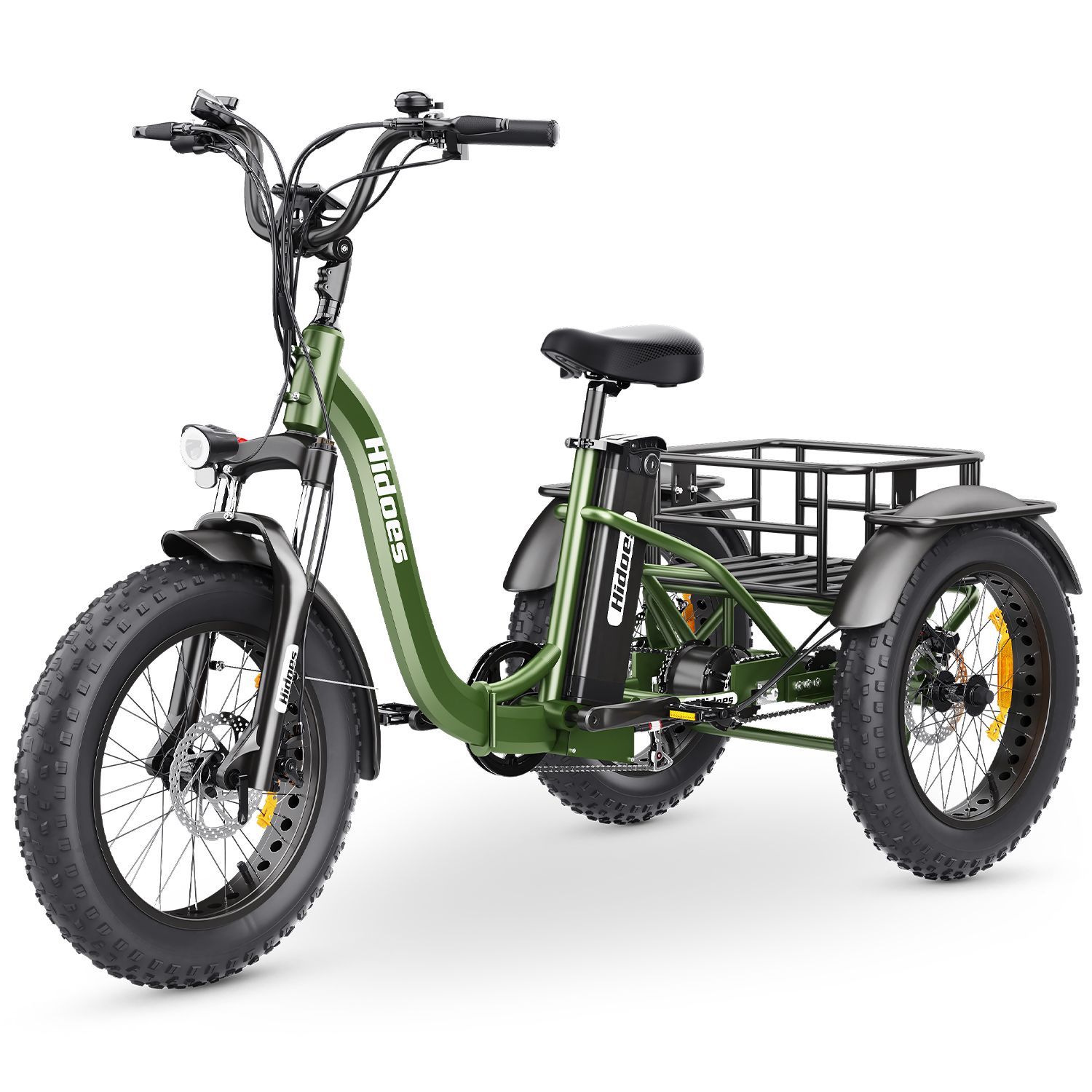 Triciclo elettrico verde con cestino nero, pneumatici e sedile. Marchio: Hidoes. Batteria rimovibile.