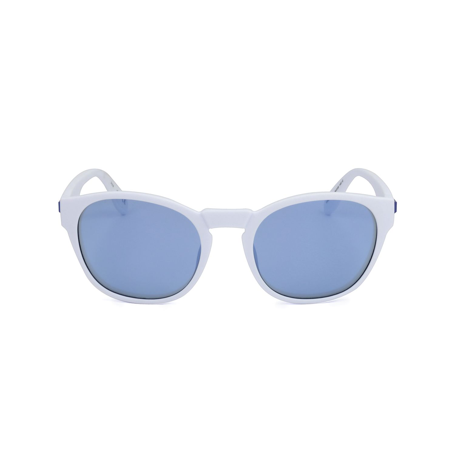 Occhiali da sole bianchi con lenti blu e montatura bianca.