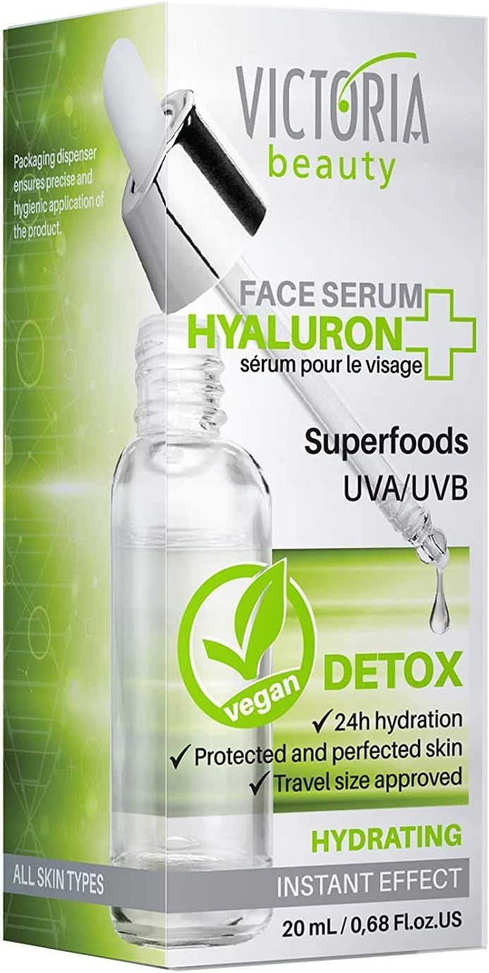 Flacone con contagocce e confezione. Scritta: Victoria Beauty Face Serum Hyaluron. Sigillo vegano.