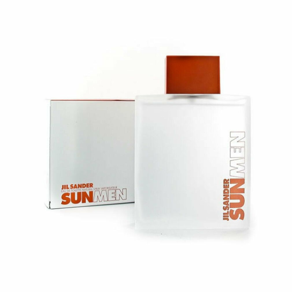 Flacone e confezione. Flacone rettangolare, tappo arancione. Confezione bianca con scritta SUN MEN. Logo Jil Sander.