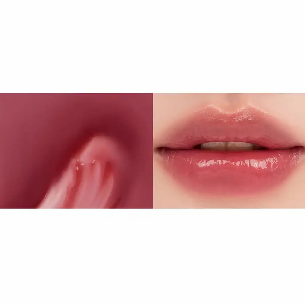 Primo piano di labbra con lucidalabbra. A destra: labbra lucide. A sinistra: applicatore. Tonalità rosa.