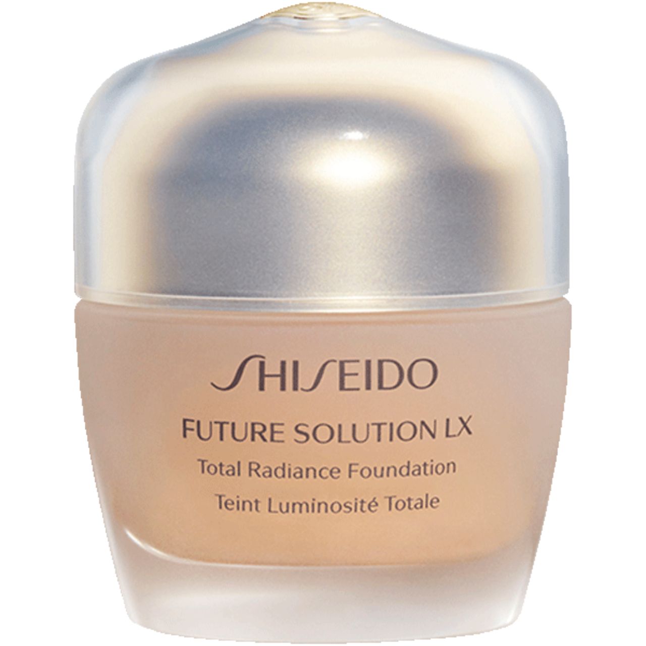 Fondotinta Shiseido Future Solution LX. Flacone beige con coperchio argentato. Nome e logo visibili.