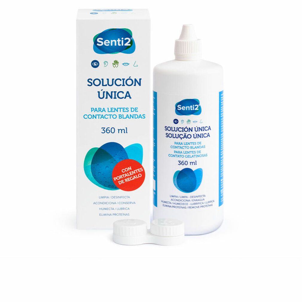 Flacone e scatola bianchi con etichetta blu. Testo: Senti2, Solución Única, 360 ml. Per lenti morbide. Con contenitore.