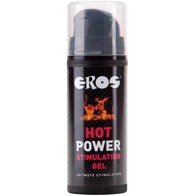 Flacone di gel stimolante Eros Hot Power con erogatore. Texture nera, design fiamme.
