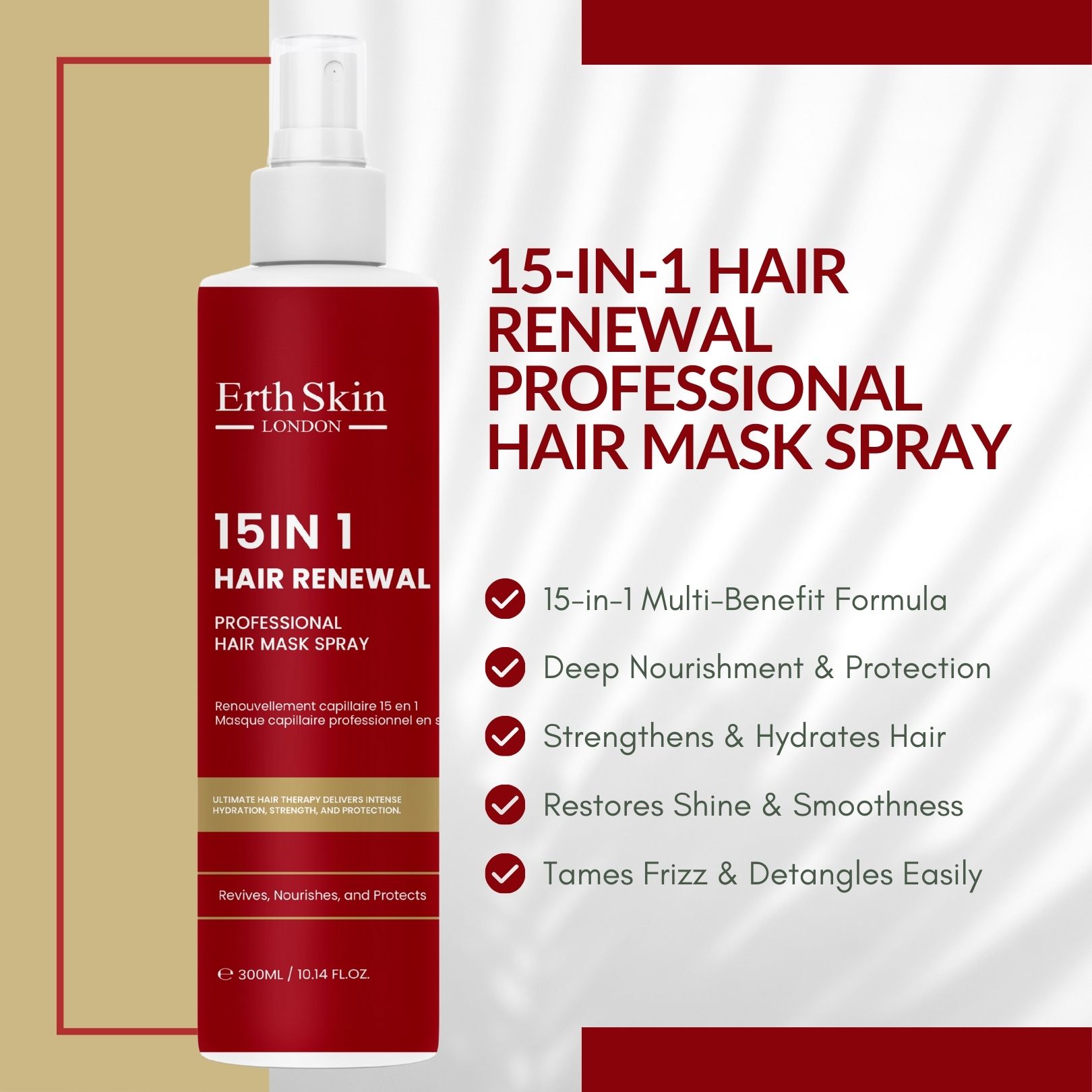 Flacone spray rosso con erogatore bianco. Testo: 15-in-1 Hair Renewal, spray maschera capelli professionale. Benefici: nutrimento, protezione, lucentezza.